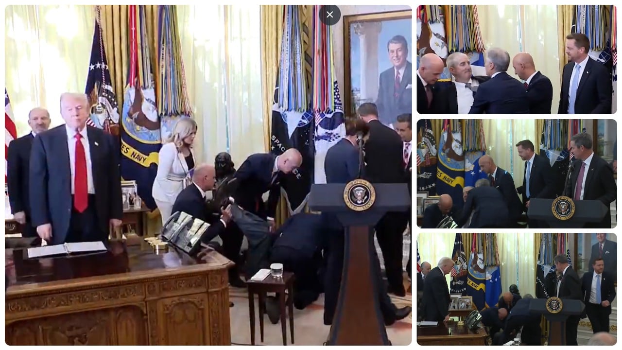 Un hombre que presenciaba un anuncio de la administración Trump se desmayó en plena transmisión de la Casa Blanca.