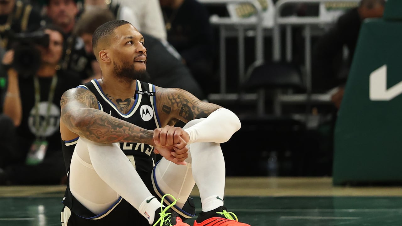 MILWAUKEE, WISCONSIN - APRIL 27: Damian Lillard #0 of the Milwaukee Bucks reacts from the court after an apparent injury during the first quarter in Game Four of the Eastern Conference First Round NBA Playoffs against the Indiana Pacers at Fiserv Forum on April 27, 2025 in Milwaukee, Wisconsin. NOTE TO USER: User expressly acknowledges and agrees that, by downloading and or using this photograph, User is consenting to the terms and conditions of the Getty Images License Agreement. (Photo by Stacy Revere/Getty Images)
