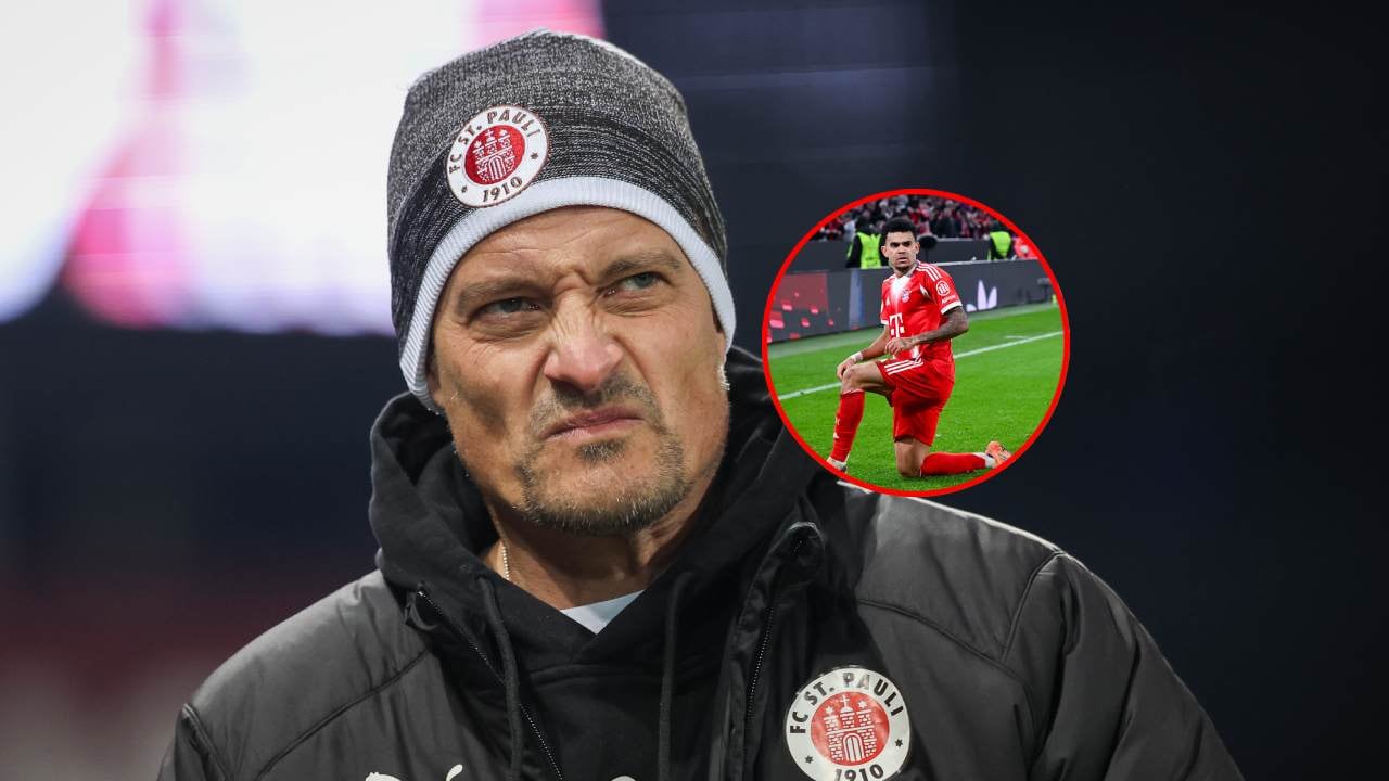 Alexander Blessin, DT de St. Pauli / Luis Díaz celebra el gol al 90+3'.