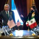 Vice President Kamala Harris and Mexican President Andres Manuel Lopez Obrador gesture as they arrive for a bilateral meeting Tuesday, June 8, 2021, at the National Palace in Mexico City. (AP Photo/Jacquelyn Martin)