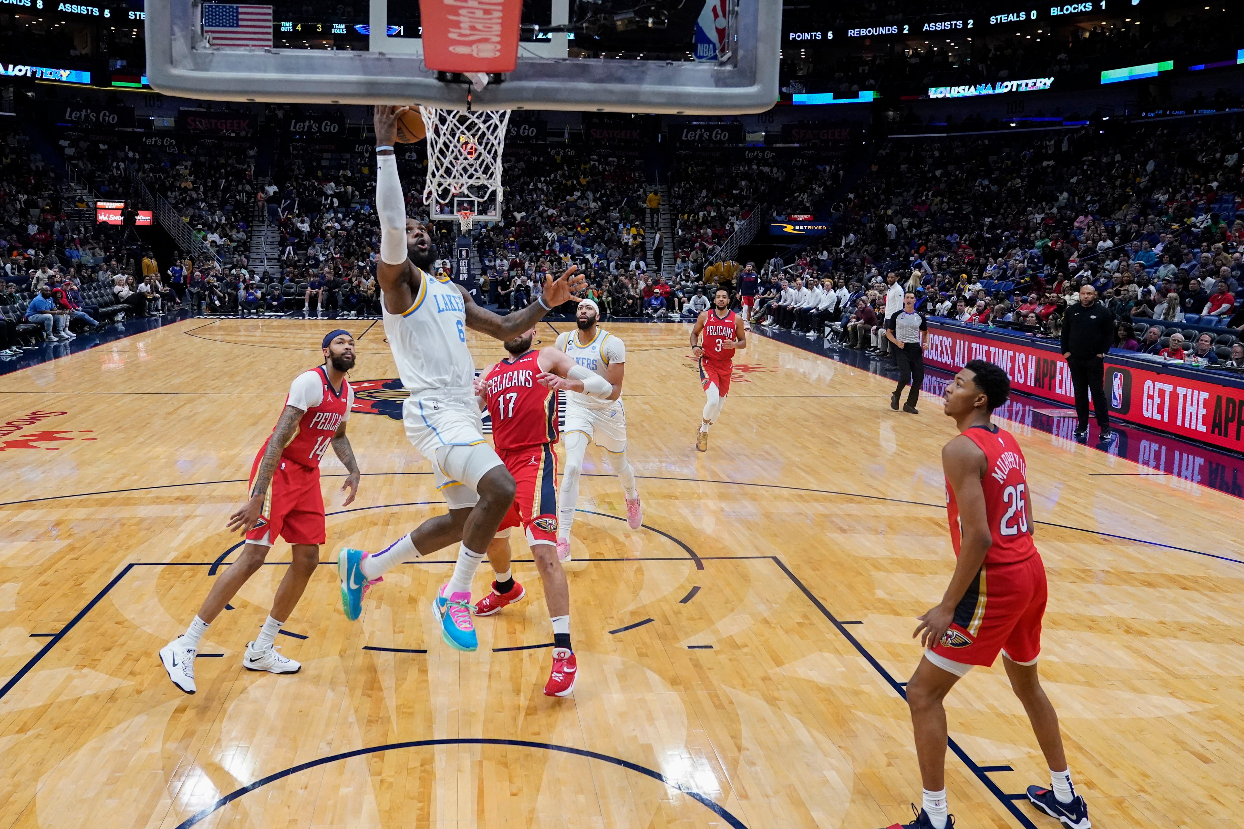 Los Angeles Lakers forward LeBron James (6) goes to the basket in the second half of an NBA basketball game against the New Orleans Pelicans in New Orleans, Saturday, Feb. 4, 2023. The Pelicans won 121-136. (AP Photo/Gerald Herbert)