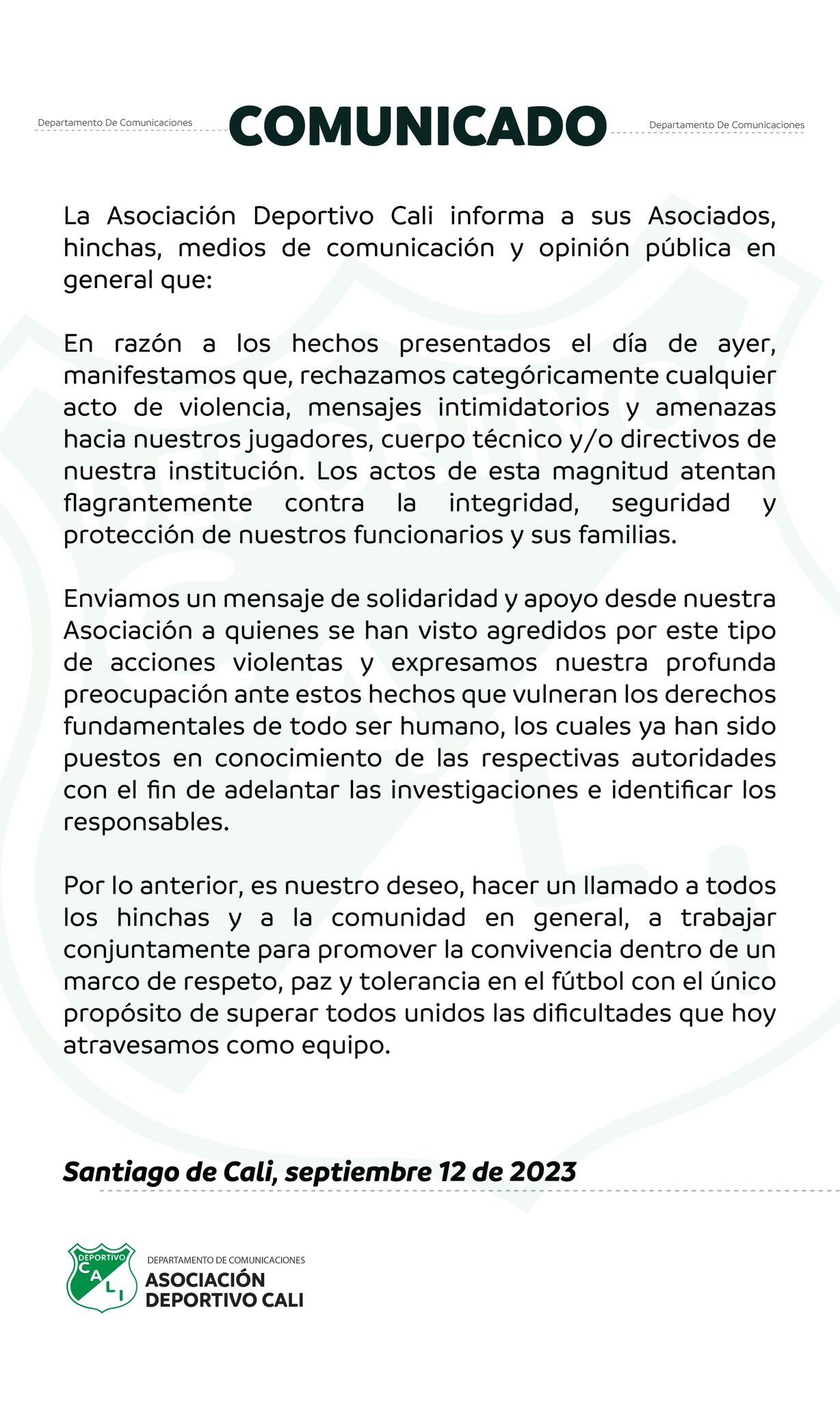 Comunicado del Deportivo Cali sobre las amenazas a Germán Mera.