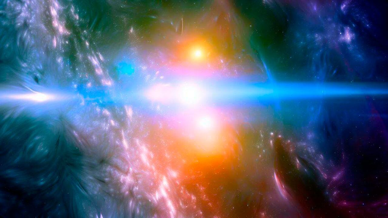 Ilustración que imagina a las extrañas señalas cósmicas llamadas ráfagas rápidas de radio (FRB).