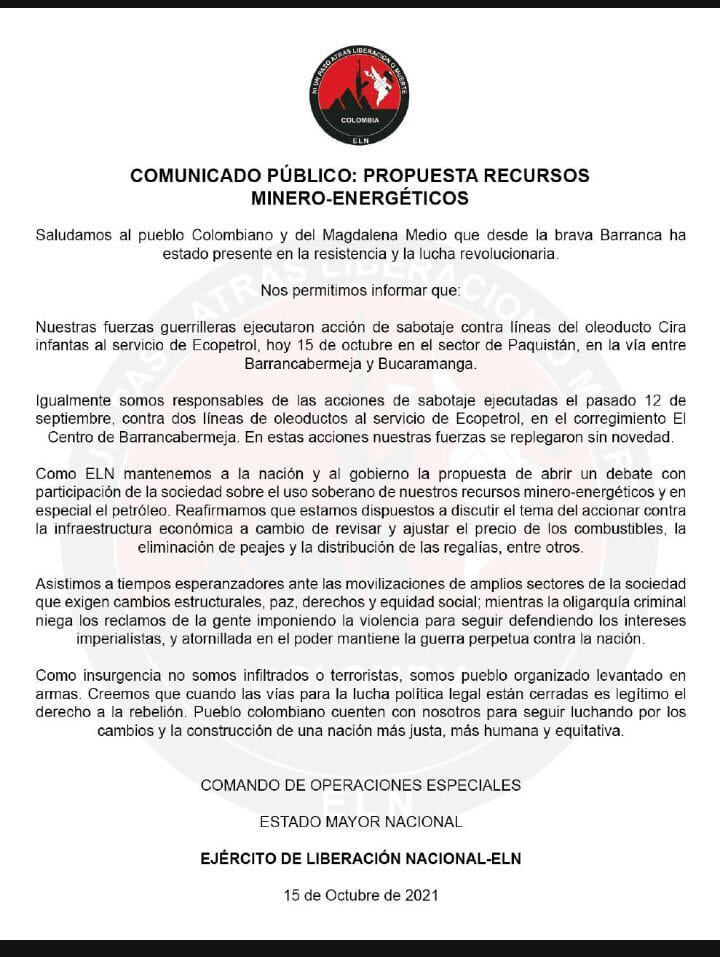 Comunicado del ELN sobre propuesta de recursos minero energéticos. (15 de octubre de 2021)