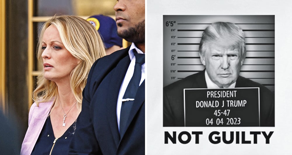    A la izquierda, el equipo legal de Trump en la audiencia de sentencia en el Tribunal Penal de Manhattan en Nueva York el 4 de abril de 2023. A la derecha, la imagen que el propio Trump mandó a estampar en unas camisetas, que hoy vende exitosamente, y la toma del Capitolio por seguidores suyos que no aceptaban la derrota electoral ante Joe Biden.