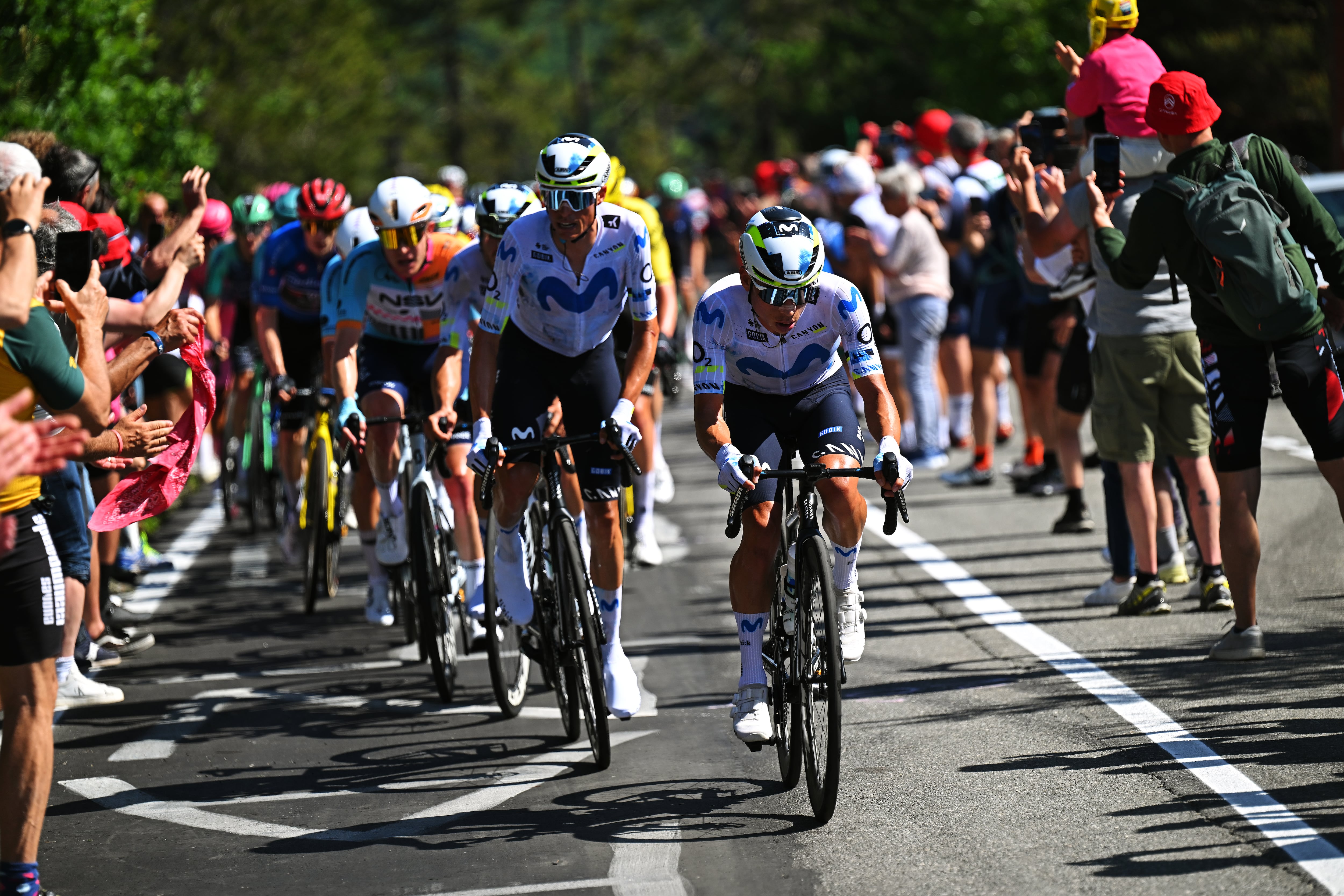 NOVI LIGURE, ITALY - MAY 21: (L-R) Enric Mas of Spain and Einer Rubio of Colombia and Team Movistar lead the peloton during the 109th Giro d'Italia 2026, Stage 12 a 175km stage from Imperia to Novi Ligure / #UCIWT / on May 21, 2026 in  Novi Ligure, Italy. (Photo by Tim de Waele/Getty Images)