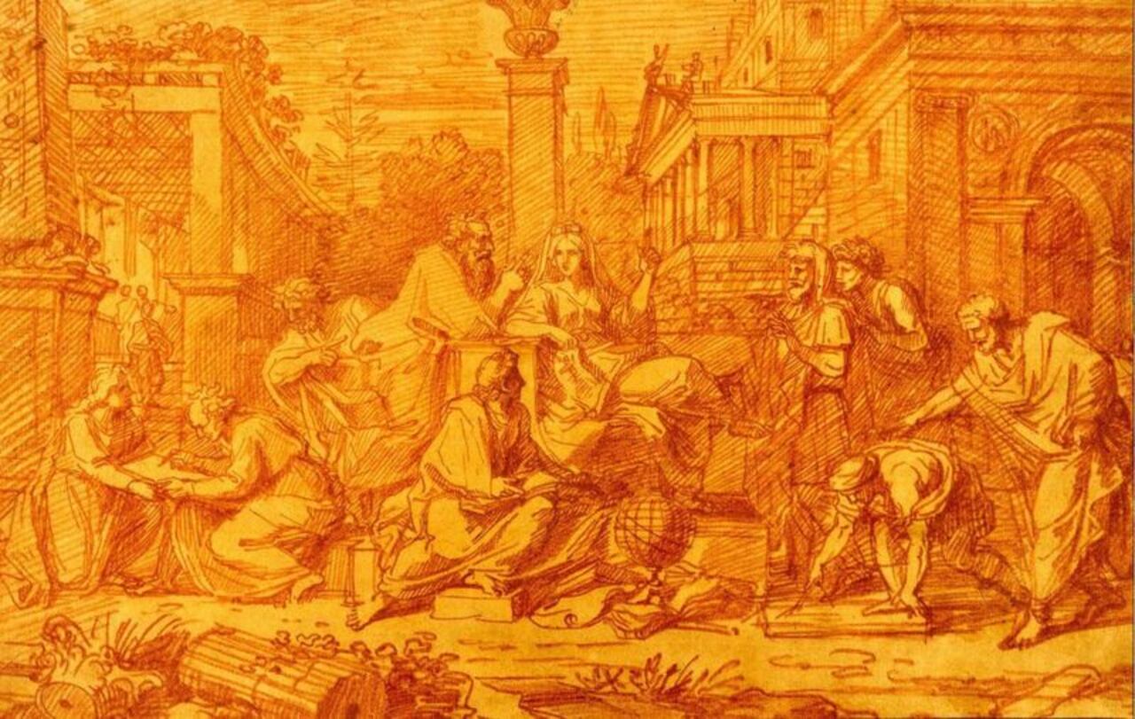 El estudio para el cuadro de Michel Corneille II para el techo del Salon des Nobles en el apartamento de la reina en el castillo de Versalles. en el que aparece Aspasia rodeada de filósofos. Crédito: THE TRUSTEES OF THE BRITISH MUSEUM. Cortesía de BBC Mundo