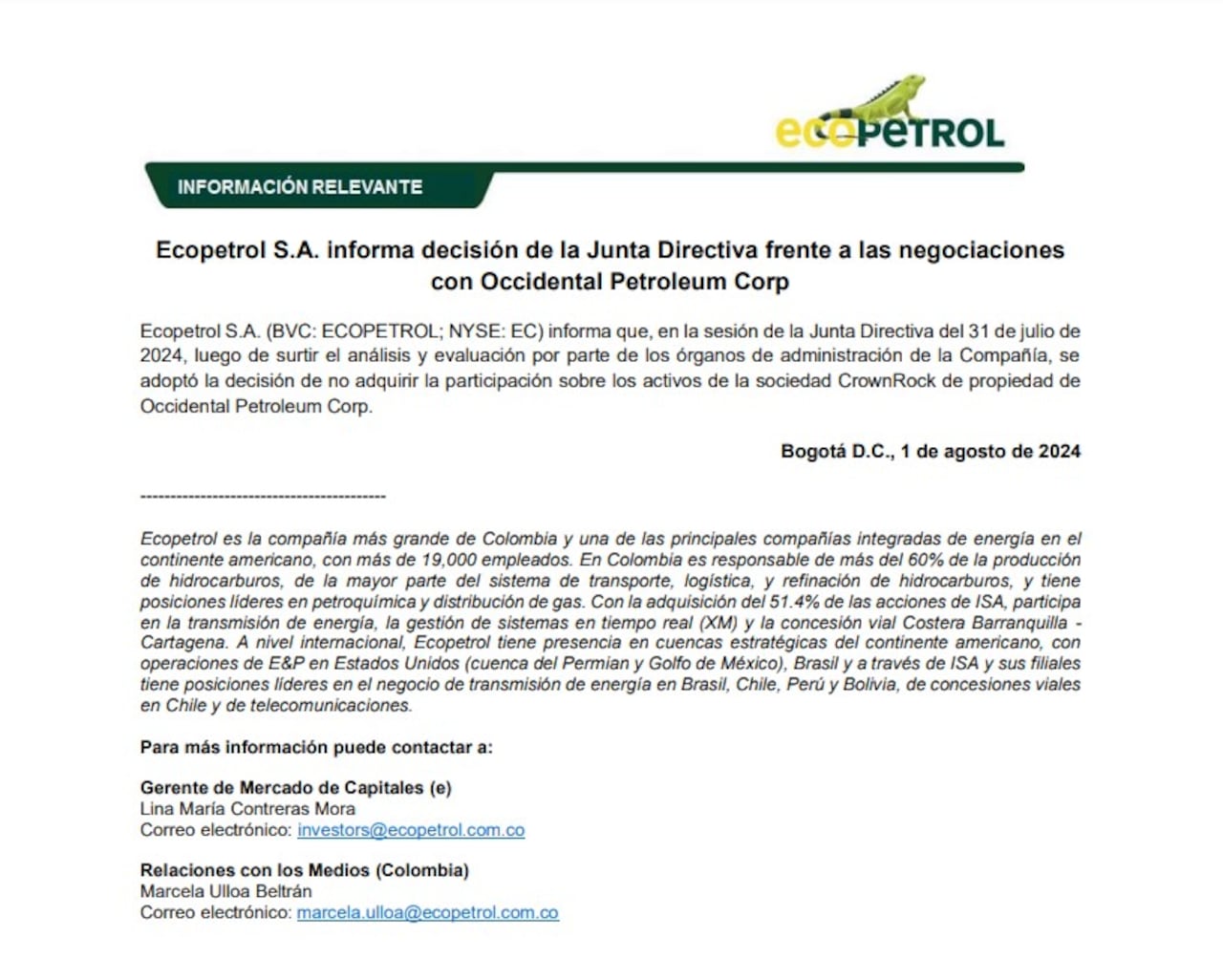 Negativa Ecopetrol CrownRock