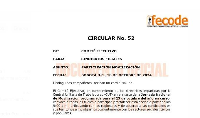 Circular de Fecode para convocar a movilización social el 23 de octubre