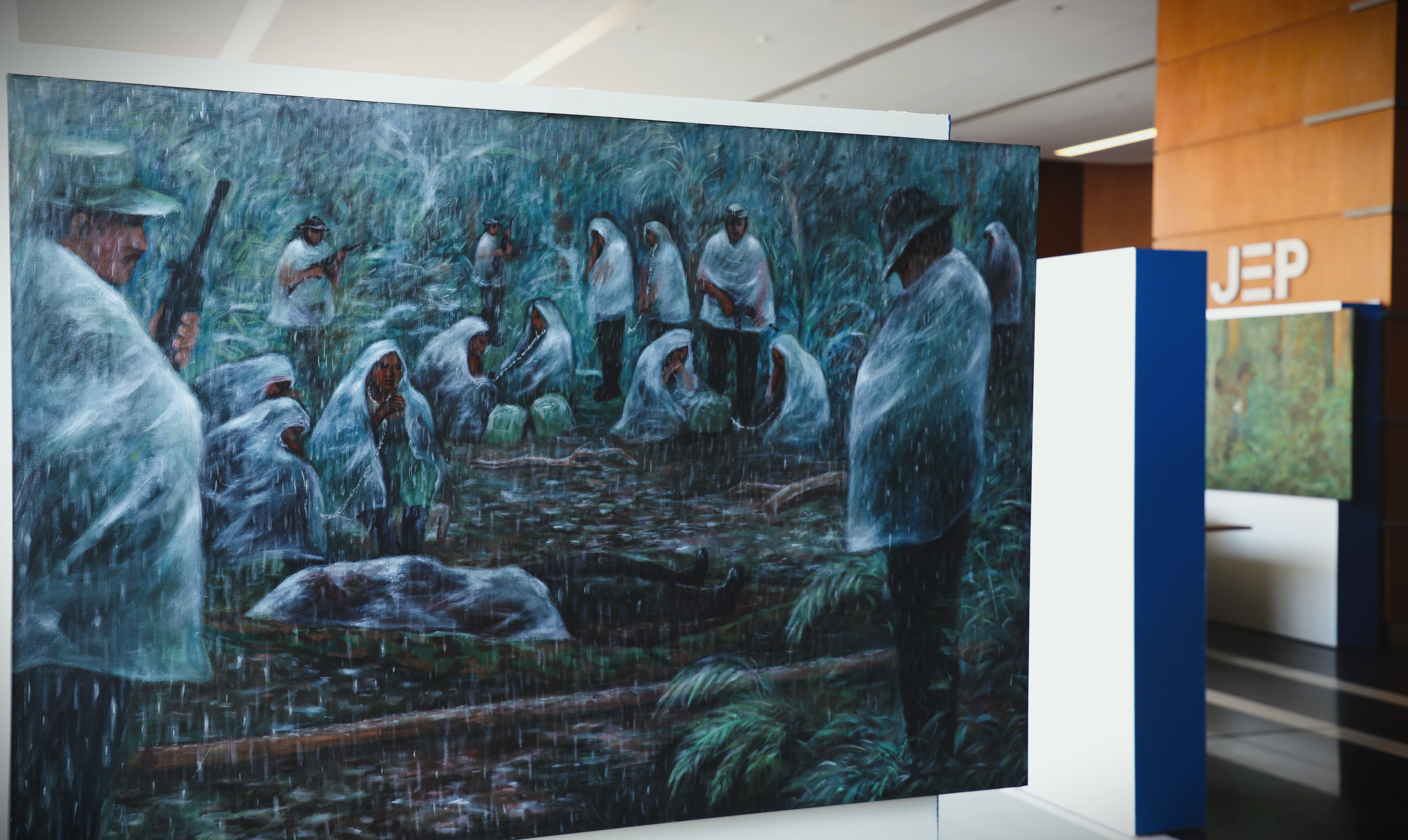 ‘De la Sombra a la Luz. Imágenes del secuestro’, 19 pinturas de Mario Ayerbe inspiradas en el secuestro de su amigá Consuelo González de Perdomo. Foto: Daniel Valero / JEP