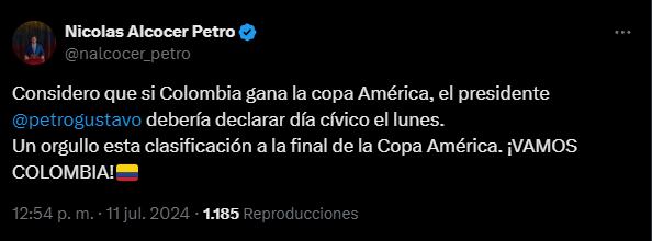 Publicación en X de Nicolás Alcocer Petro.
