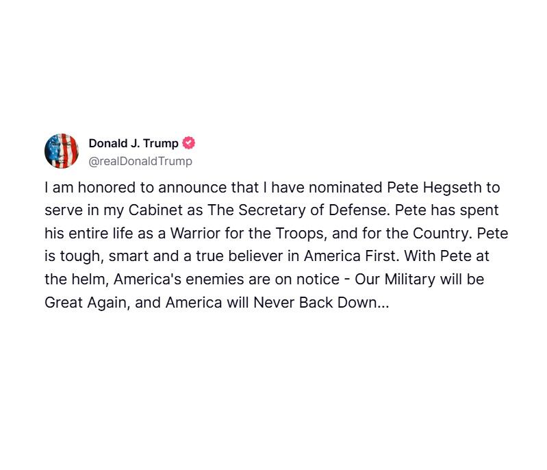 Donald Trump, hizo un importante anuncio sobre su gabinete al declarar su intención de nombrar a Pete Hegseth como secretario de Defensa.