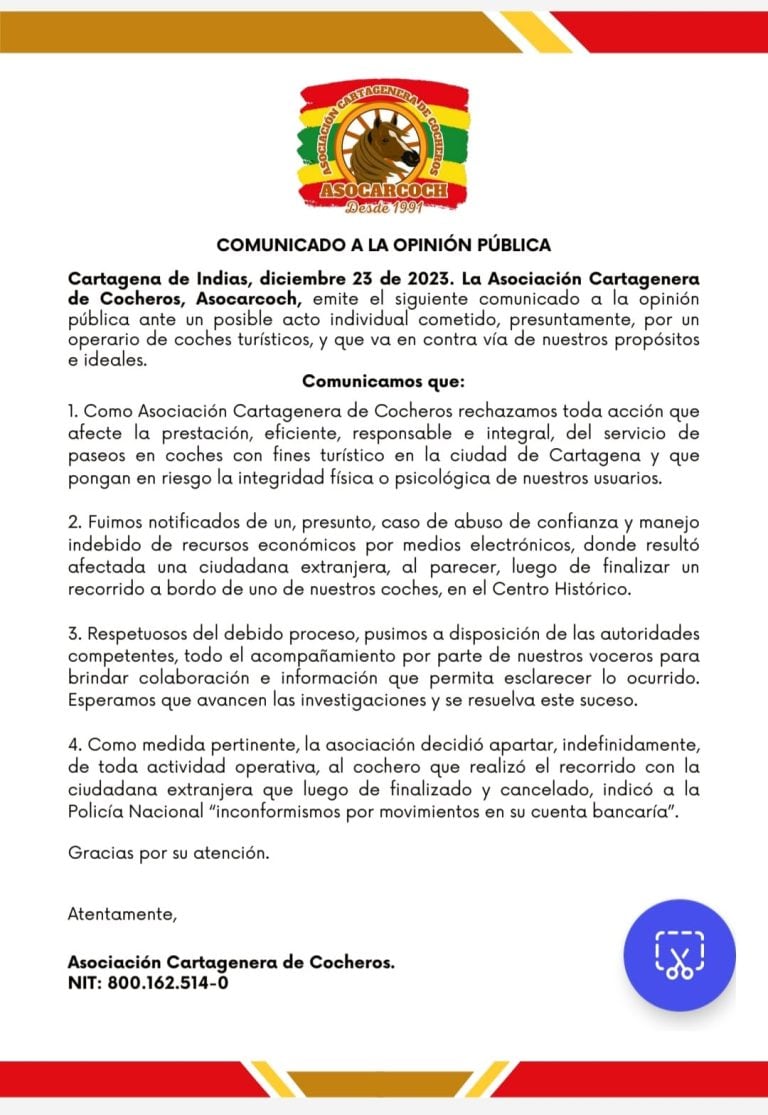 Comunicado de la Asociación de Cocheros.