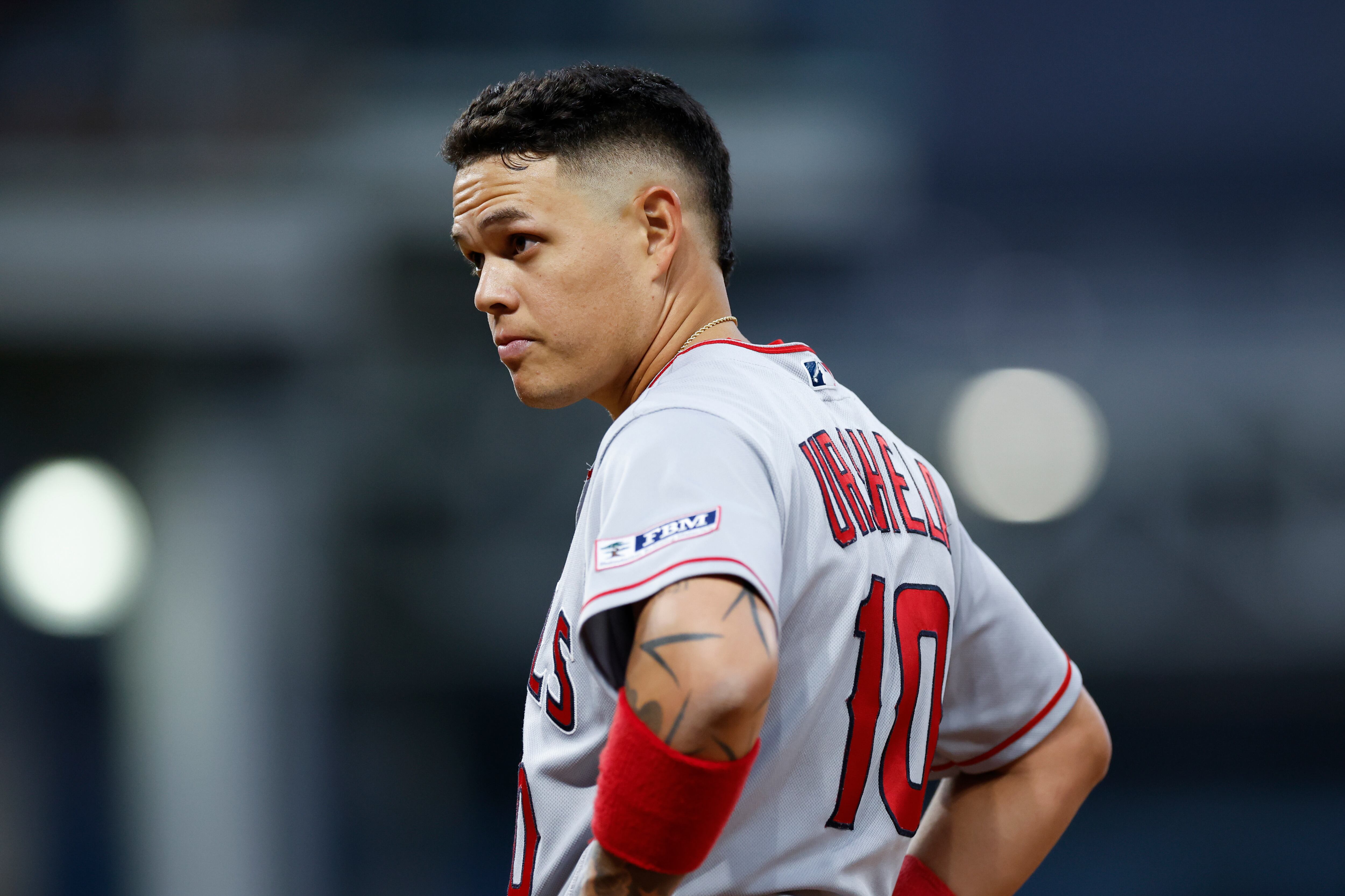 CLEVELAND, OH - MAY 12: Gio Urshela #10 of the Los Angeles Angels plays against the Cleveland Guardians during the fifth inning at Progressive Field on May 12, 2023 in Cleveland, Ohio. (Photo by Ron Schwane/Getty Images)