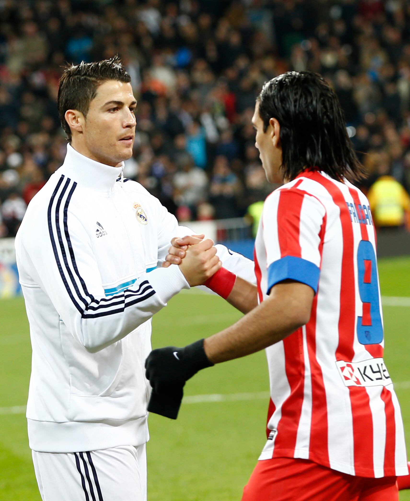 MADRID, SPAIN - DECEMBER 01: Cristiano Ronaldo (L) of Real Madrid and Radamel Falcao greet after the match during the La Liga match between Real Madrid and Atletico de Madrid at Santiago Bernabeu stadium on December 1, 2012 in Madrid, Spain. (Photo by Helios de la Rubia/Real Madrid via Getty Images)