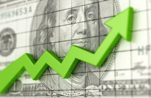 Success business chart with green arrow up and USA dollars background. Profit and money. Financial and business graph. Stock market growth 3d illustration.