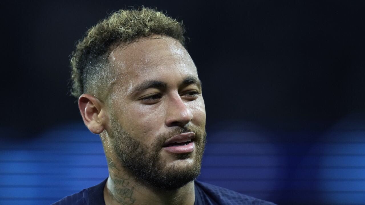 PSG's Neymar reacts during the Champions League Group H soccer match between Paris Saint Germain and Maccabi Haifa, at the Parc des Princes stadium, in Paris, France, Tuesday, Oct. 25, 2022. (AP/Christophe Ena)