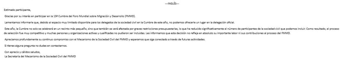 Este es el correo que recibieron los inscritos al  Foro Mundial sobre Migración y Desarrollo.