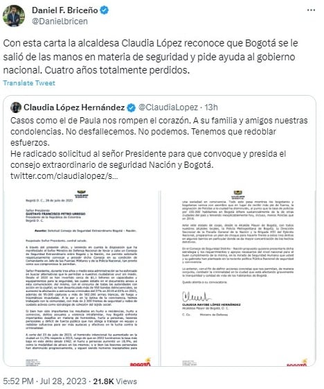El político se refirió a la solicitud angustiosa de la alcaldesa. Foto: Twitter @Danielbricen