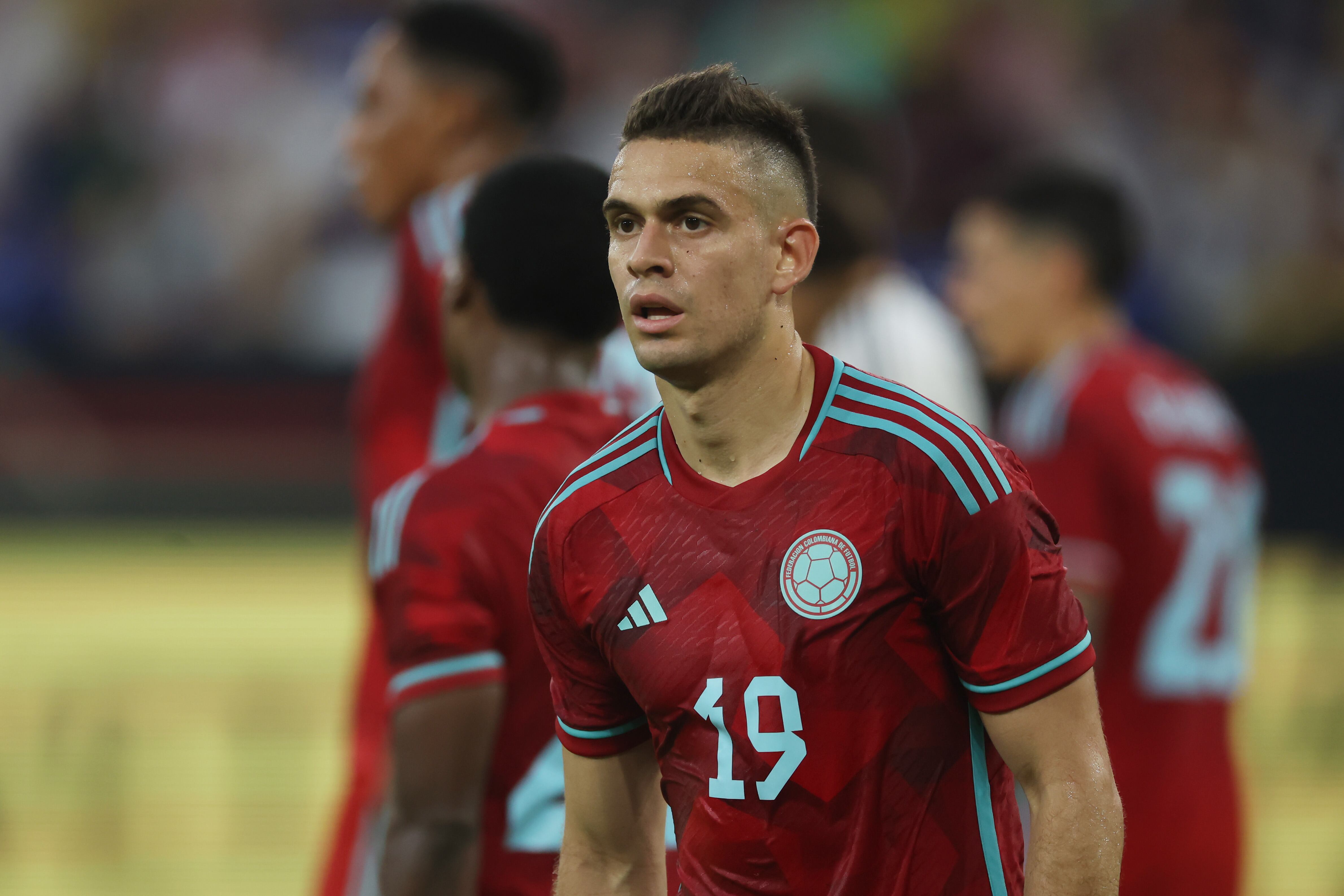 Rafael Borre of Colombia reacts during the international friendly match between Germany and Colombia at Veltins-Arena on June 20, 2023 in Gelsenkirchen, Germany. (Photo by Alex Grimm/Getty Images)