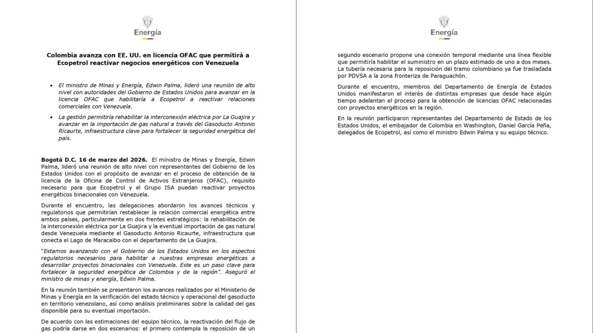 Comunicado del Ministerio de Minas