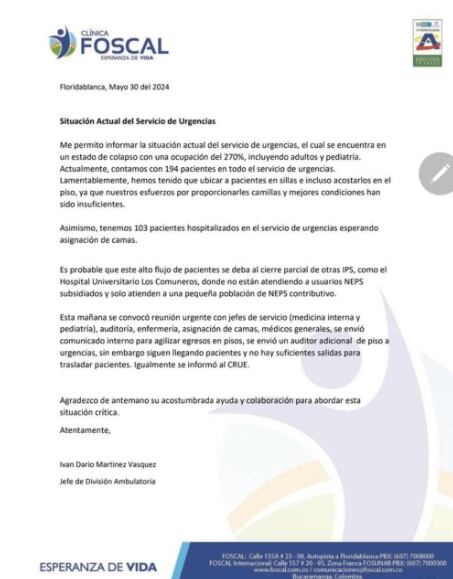 Comunicado Clínica Foscal: tienen ocupación de urgencias en el 270%