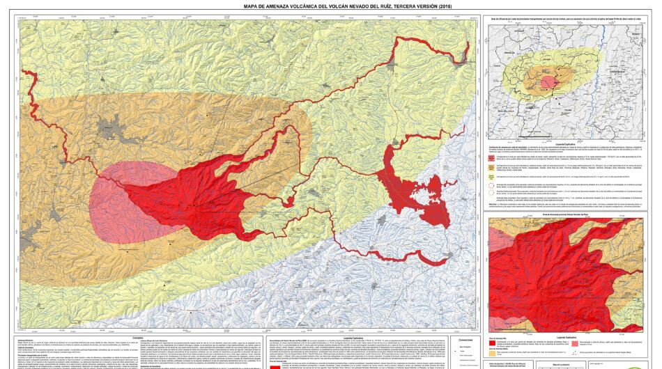 Mapa de riesgo de posible erupción del volcán Nevado del Ruiz.