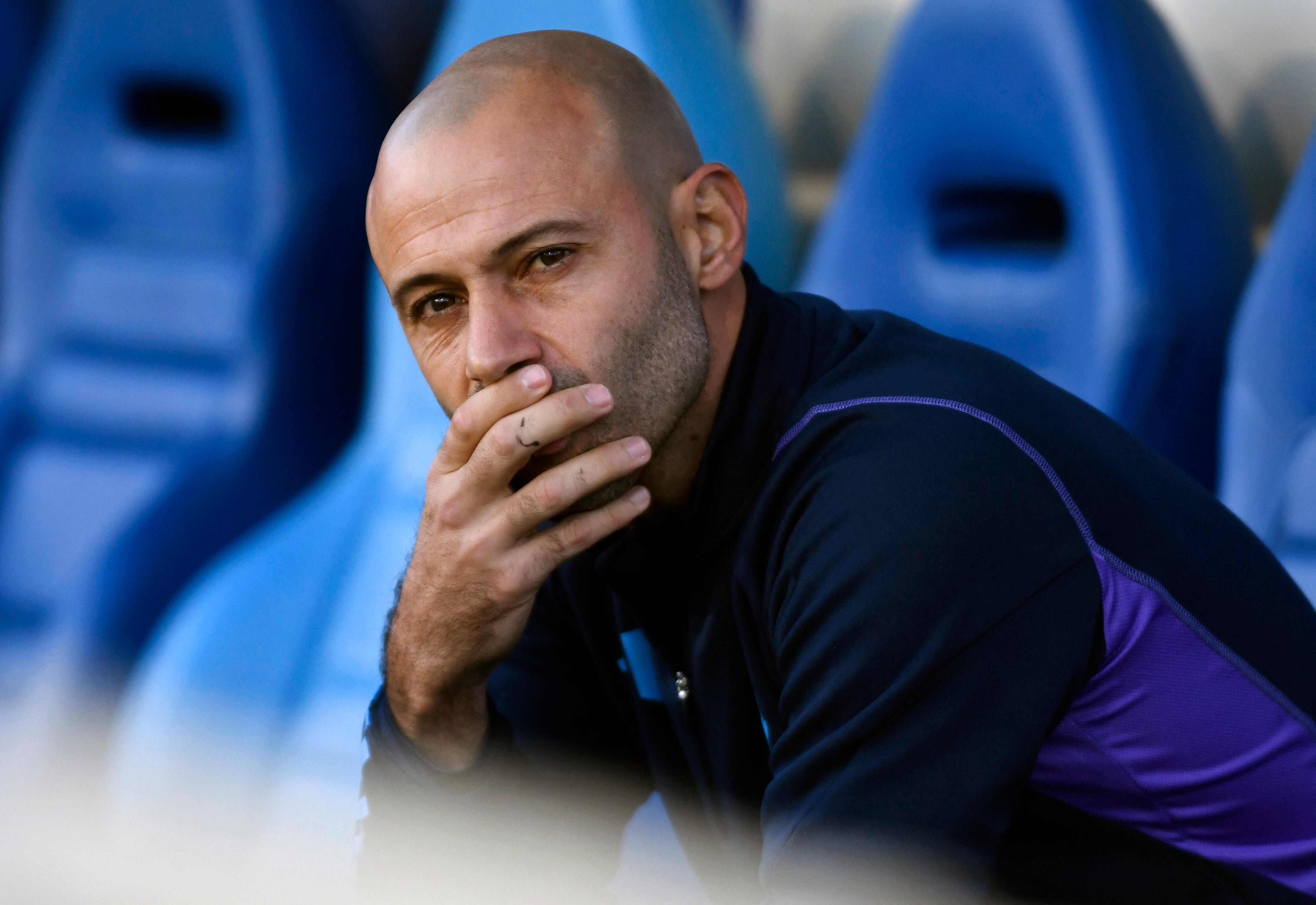 Argentina's coach Javier Mascherano gestures during the Argentina 2023 U-20 World Cup Group A football match between New Zealand and Argentina at the Estadio San Juan del Bicentenario stadium in San Juan, Argentina on May 26, 2023. (Photo by Andres Larrovere / AFP)