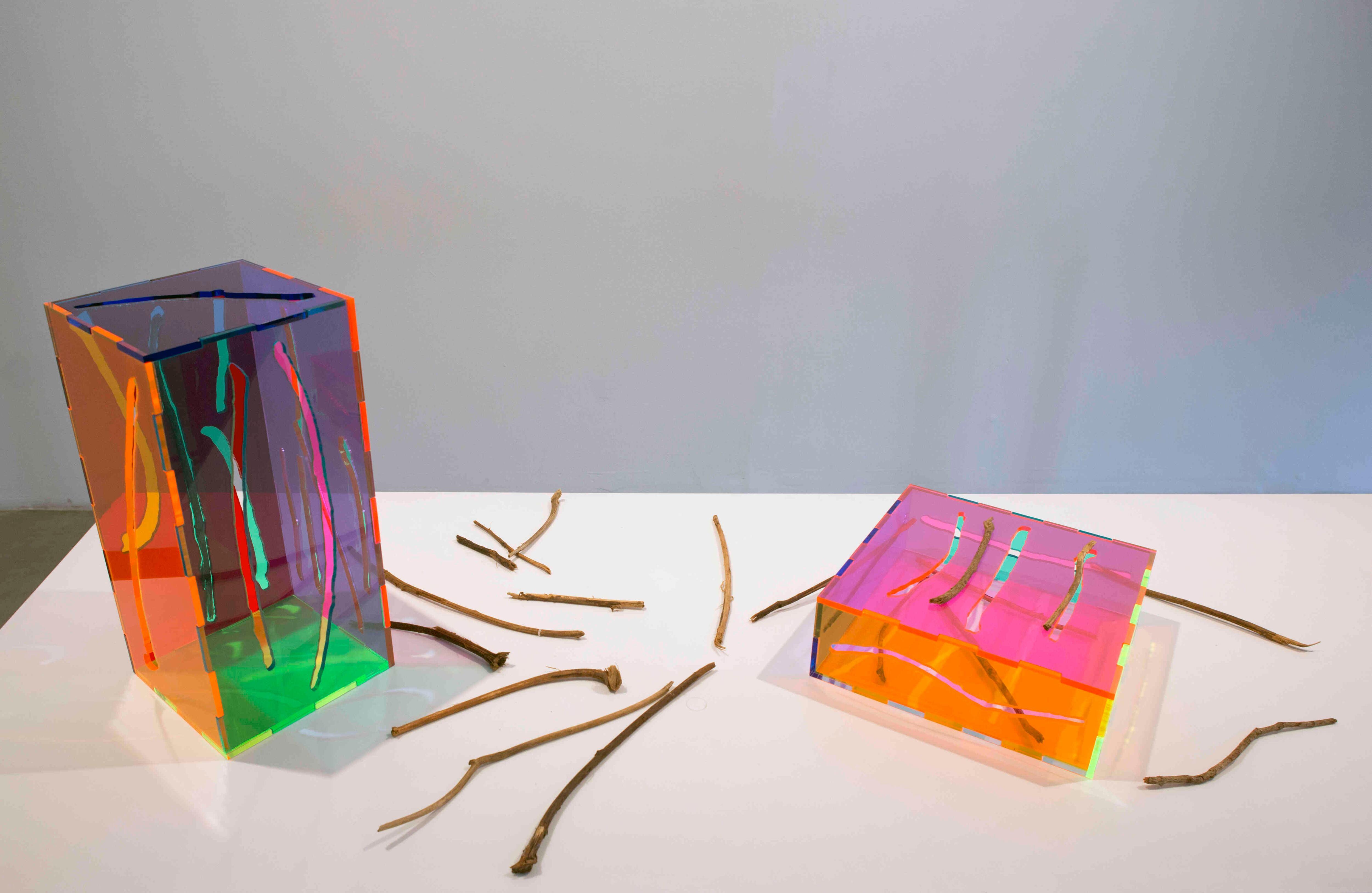 'Dispositivos (para los humanos con amor)' Cajas hechas en acrílico con orificios que tienen forma de las herramientas elaboradas por los chimpancés. Se inspira en los juegos didácticos para niños, en los que deben introducir piezas que coincidan con la silueta de los orificios. Es una propuesta de lo que sería un artefacto hecho por los chimpancés para enseñarle a los humanos a comunicarse.