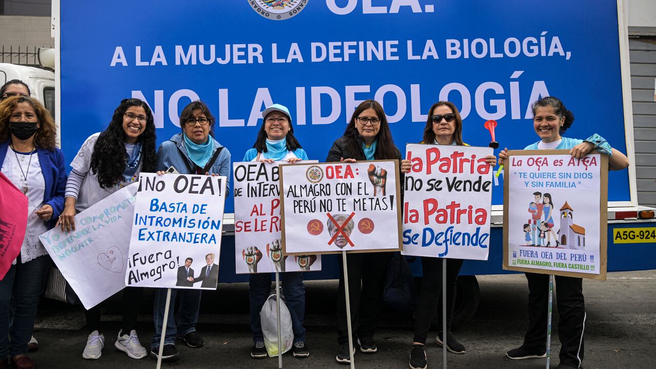 Los manifestantes conservadores en Perú calificaron de atea a la OEA. (Photo by ERNESTO BENAVIDES / AFP)