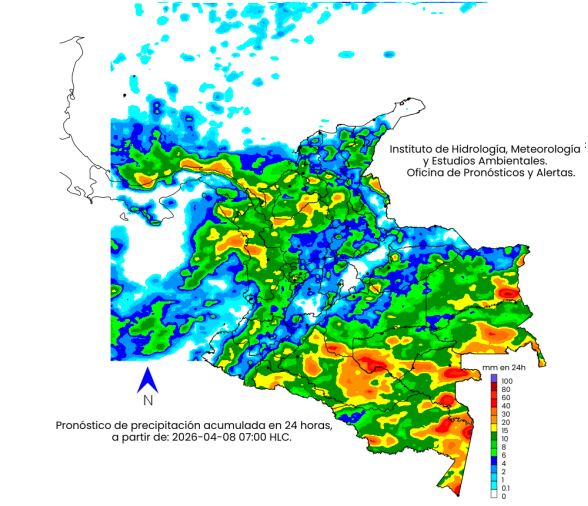 Miércoles 8 de abril. La escala de colores indica la cantidad de precipitación acumulada (en milímetros).