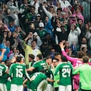 Fans celebrate with Mexico players after their team's victory over Ecuador in the World Cup round of 32 soccer match in Mexico City, Tuesday, June 30, 2026. (AP Photo/Ricardo Mazalan)
