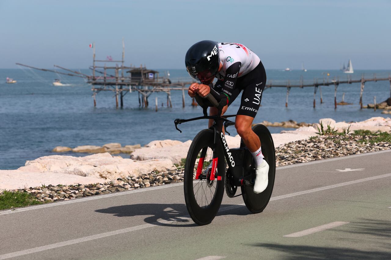 UAE Team Emirates's Portuguese rider Joao Almeida rides along the Costa dei Trabocchi during the first stage of the Giro d'Italia 2023 cycling race, a 19.6 km individual time trial between Fossacesia Marina and Ortona, on May 6, 2023. (Photo by Luca Bettini / AFP)