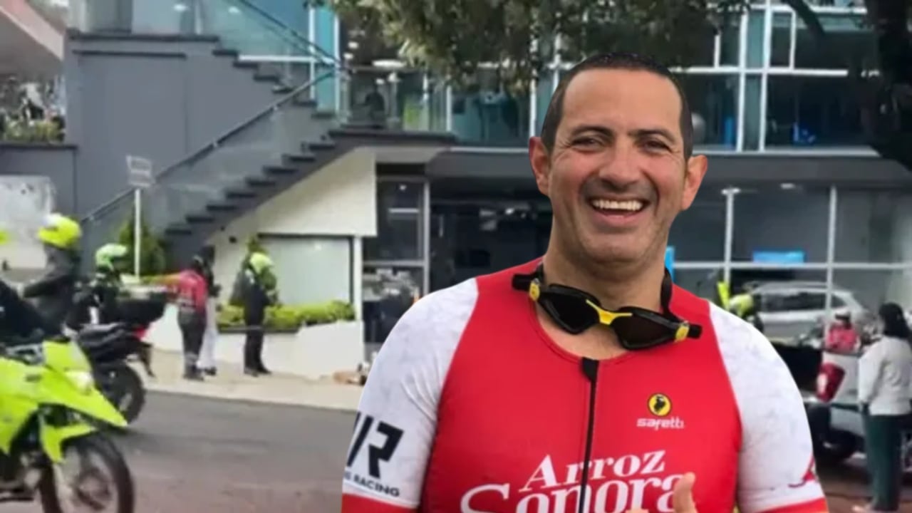 El empresario Gustavo Aponte y, al fondo, el lugar donde fue asesinado el 11 de febrero de 2026, en Bogotá