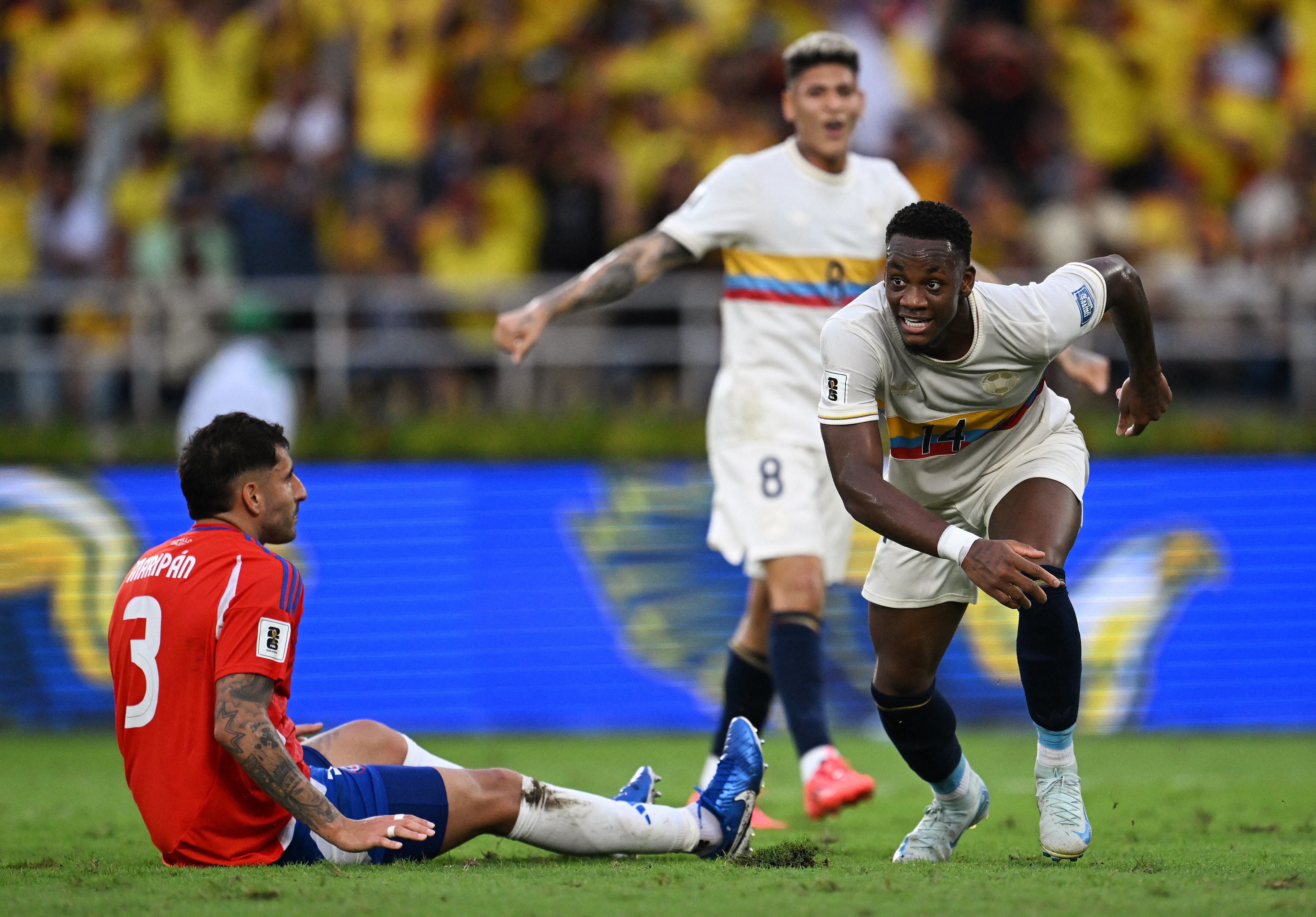 Colombia's forward #14 Jhon Dur�n celebrates after scoring a goal during the 2026 FIFA World Cup South American qualifiers football match between Colombia and Chile at the Roberto Melendez Metropolitan stadium in Barranquilla, Colombia, on October 15, 2024. (Photo by Raul ARBOLEDA / AFP)