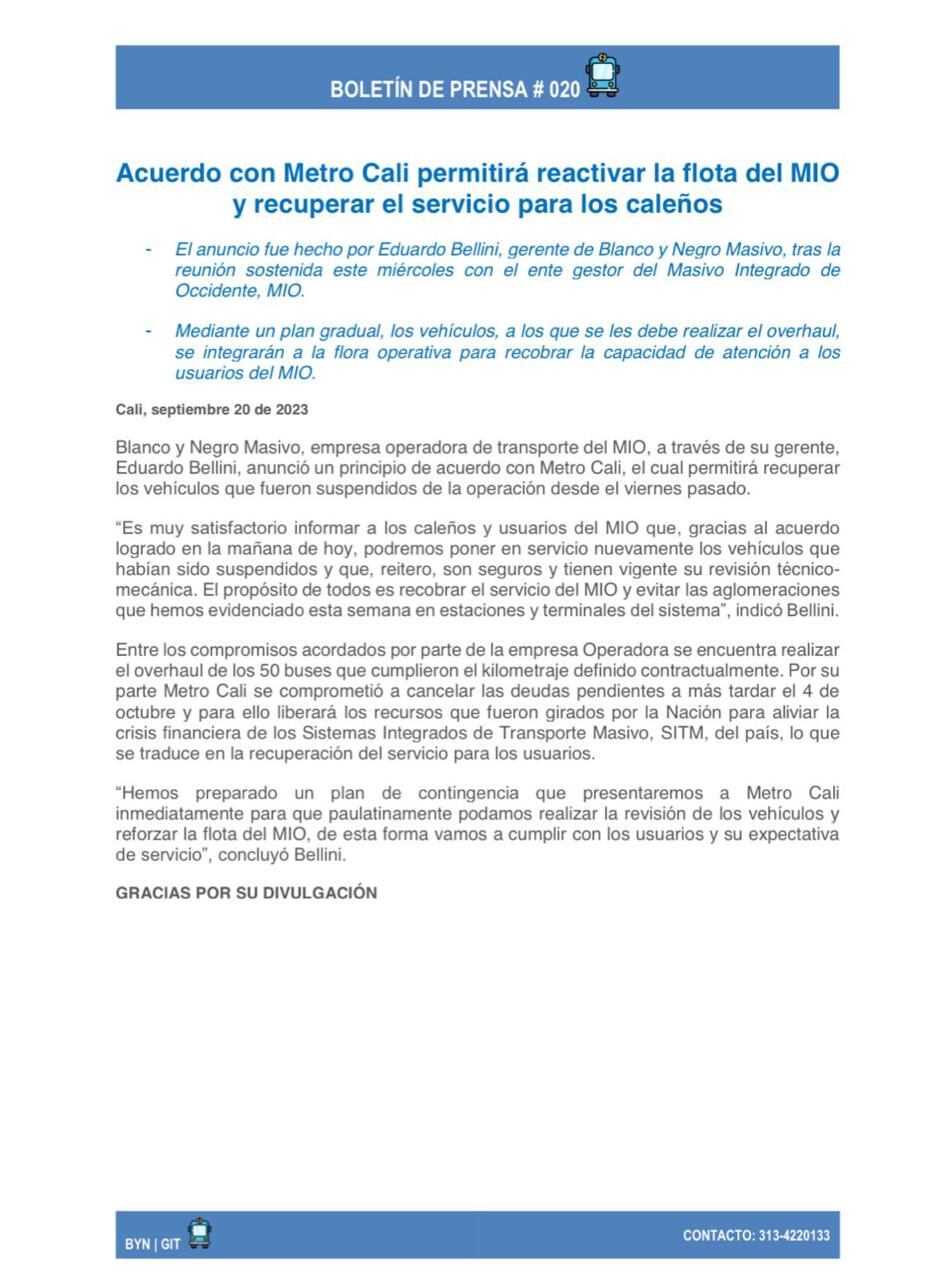 Metro Cali y el operador Blanco y Negro lograron acuerdo y se reactivará la operación de los buses del MIO que habían sido suspendidos.