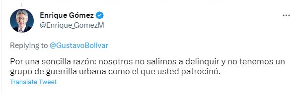 Tweet de Enrique Gómez respondiéndole a Gustavo Bolívar.