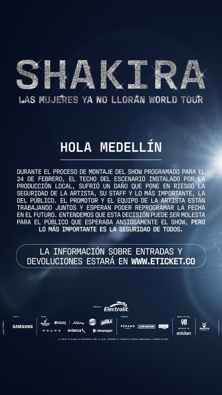 Reprograman nuevamente concierto de Shakira en Medellín.