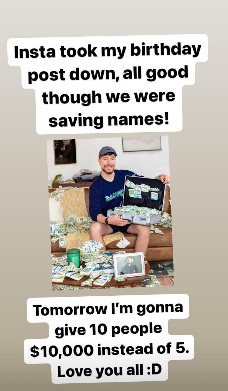 El Youtuber Jimmy Donaldson, mejor conocido como Mr. Beast, ha anunciado una rifa en su cuenta de Instagram.