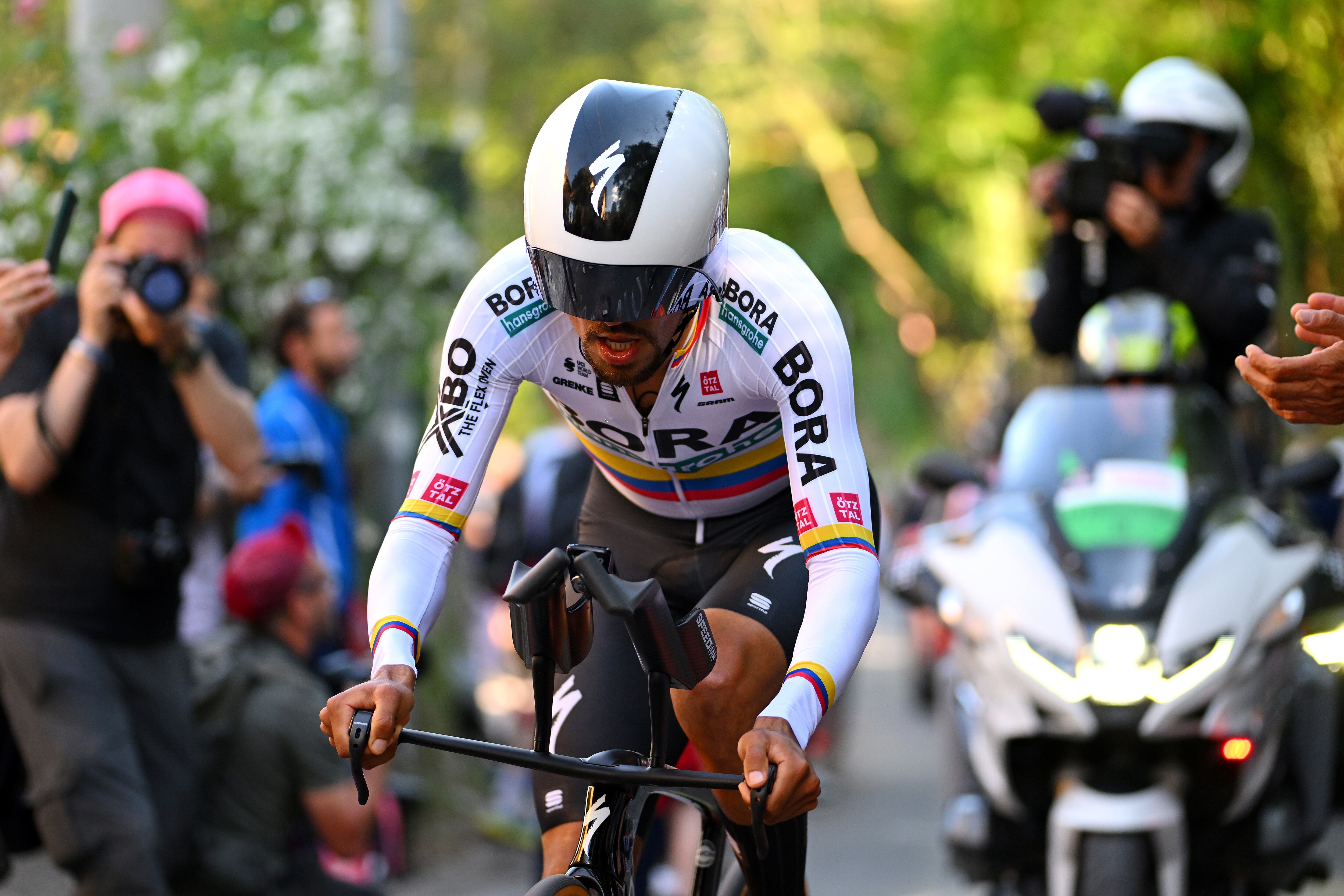 PERUGIA, ITALY - MAY 10: Daniel Martinez of Colombia and Team BORA - hansgrohe sprints during the 107th Giro d'Italia 2024, Stage 7 a 40,6km individual time trial stage from Foligno to Perugia 472m / #UCIWT /  on May 10, 2024 in Perugia, Italy.  (Photo by Dario Belingheri/Getty Images)