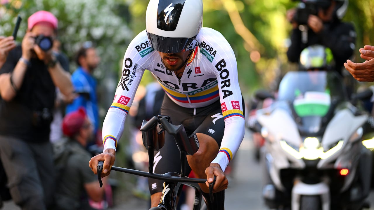 PERUGIA, ITALY - MAY 10: Daniel Martinez of Colombia and Team BORA - hansgrohe sprints during the 107th Giro d'Italia 2024, Stage 7 a 40,6km individual time trial stage from Foligno to Perugia 472m / #UCIWT / on May 10, 2024 in Perugia, Italy. (Photo by Dario Belingheri/Getty Images)