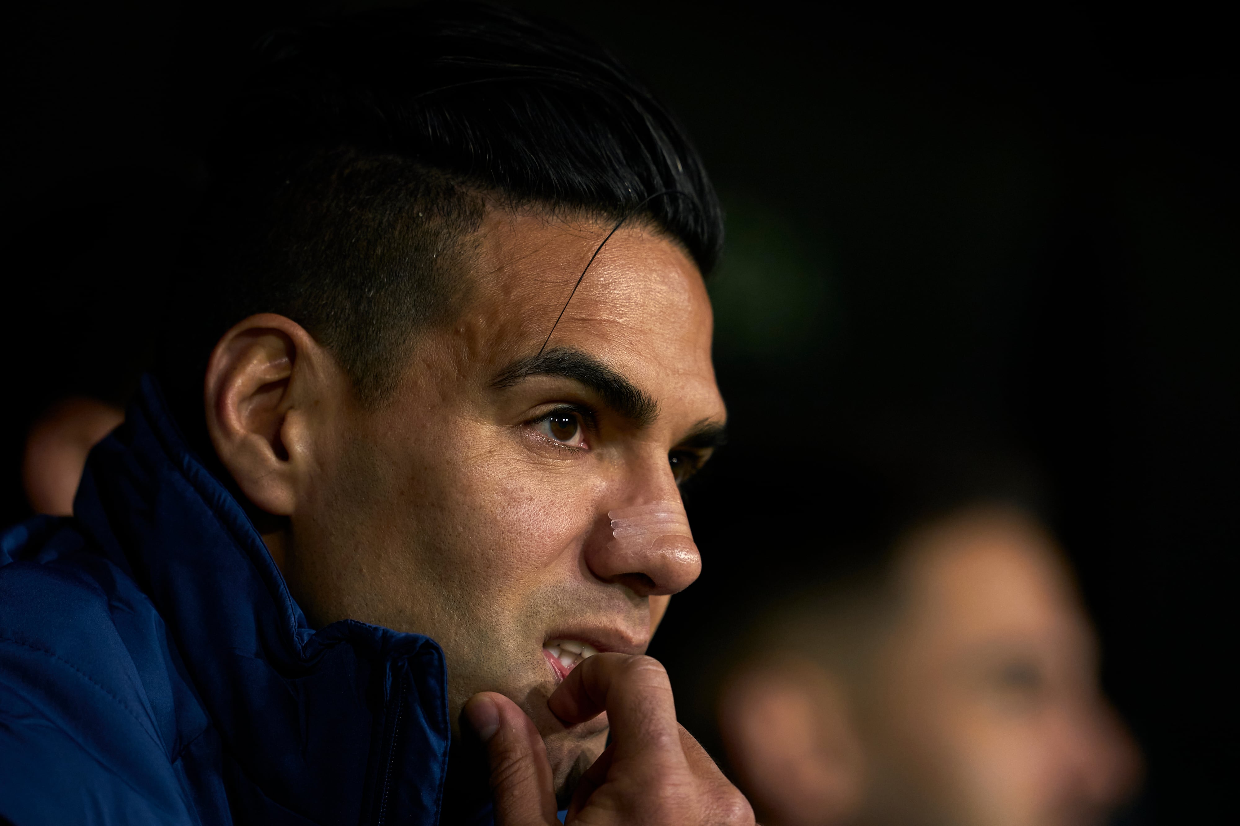 VALENCIA, SPAIN - APRIL 03: Radamel Falcao of Rayo Vallecano looks on from the bench prior to the LaLiga Santander match between Valencia CF and Rayo Vallecano at Estadio Mestalla on April 03, 2023 in Valencia, Spain. (Photo by Manuel Queimadelos/Quality Sport Images/Getty Images)