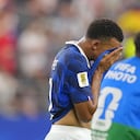 France's Kylian Mbappe walks of the field after his side's lost in a World Cup semifinal soccer match against Spain in Arlington, Texas, near Dallas, Tuesday, July 14, 2026. (AP Photo/Julio Cortez)