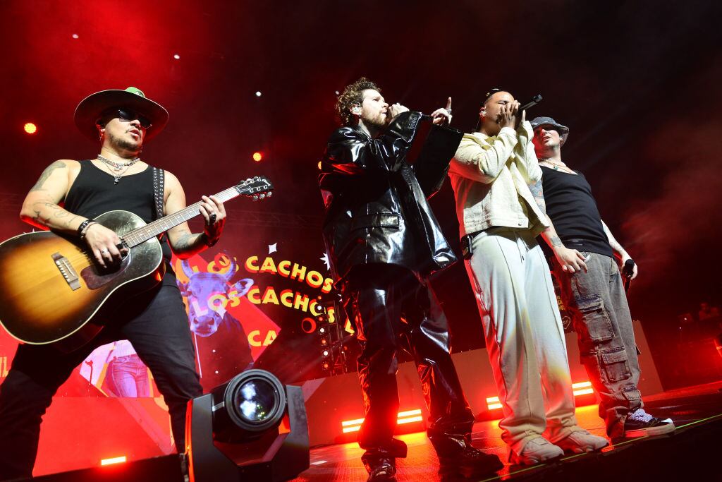 Juan David Huertas Clavijo, David Escobar Gallego, David Lorduy Hernández and Pablo Mejía Bermúdez of Piso 21 perform live on stage during Los Muchachos U.S. Tour at James L. Knight Center on September 14, 2023 in Miami, Florida. (Photo by Johnny Louis/Getty Images)