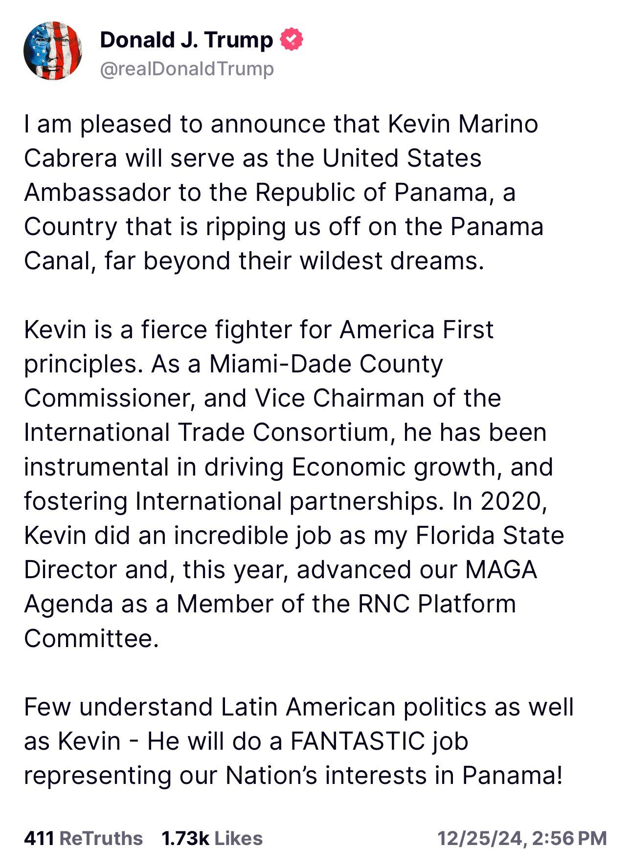 El mensaje del presidente electo de EE. UU., Donald Trump, para nominar a Kevin Marino como embajador de Panamá.