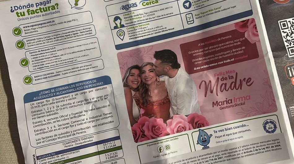 Recibo de acueducto en Pereira.