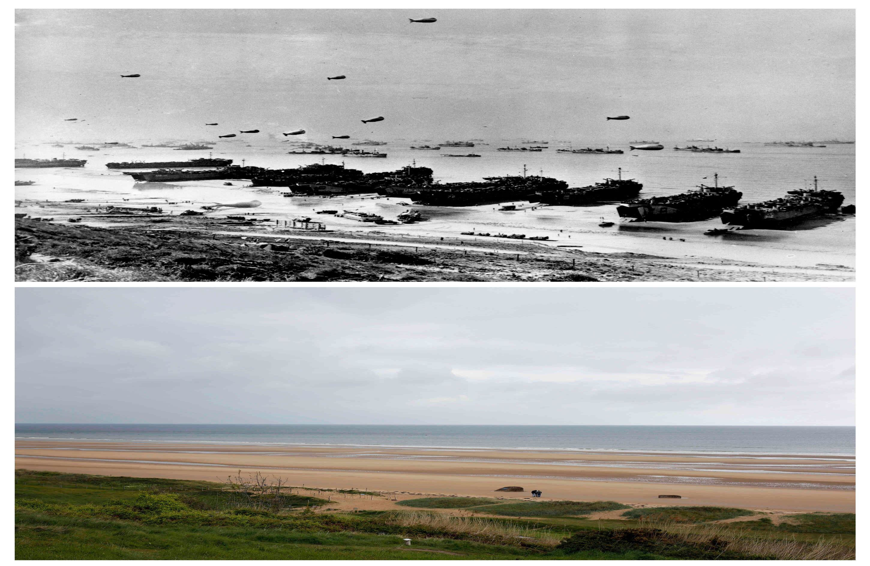 Esta combinación de fotos muestra una sección de Omaha Beach en junio de 1944, durante la Operación Overlord, el nombre en clave de la invasión aliada en la costa de Normandía en Francia durante la Segunda Guerra Mundial. Abajo una vista de la misma ubicación el 9 de mayo de 2019. (Foto AP / Thibault Camus)