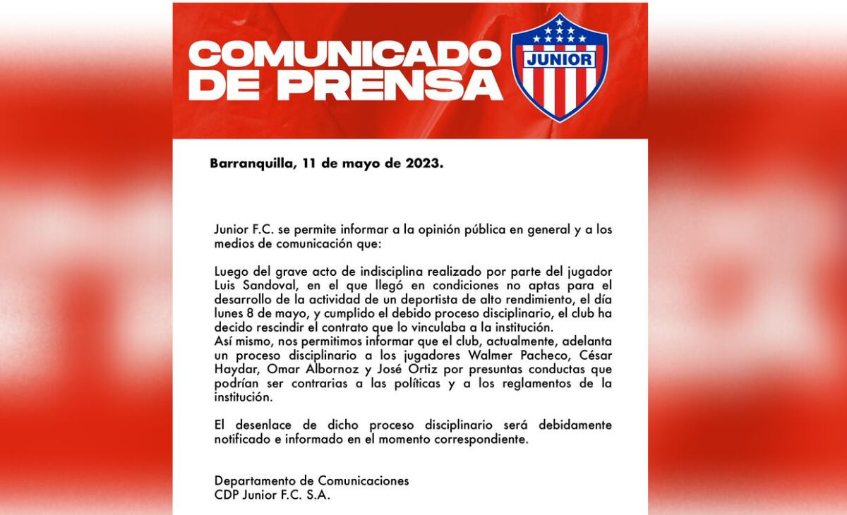 Comunicado oficial de Junior anunciando sanciones en contra de los jugadores envueltos en polémica.