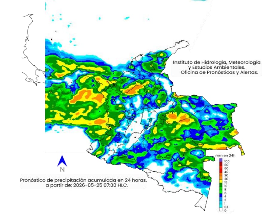 Mapa climático de Colombia para el lunes 25 de mayo.