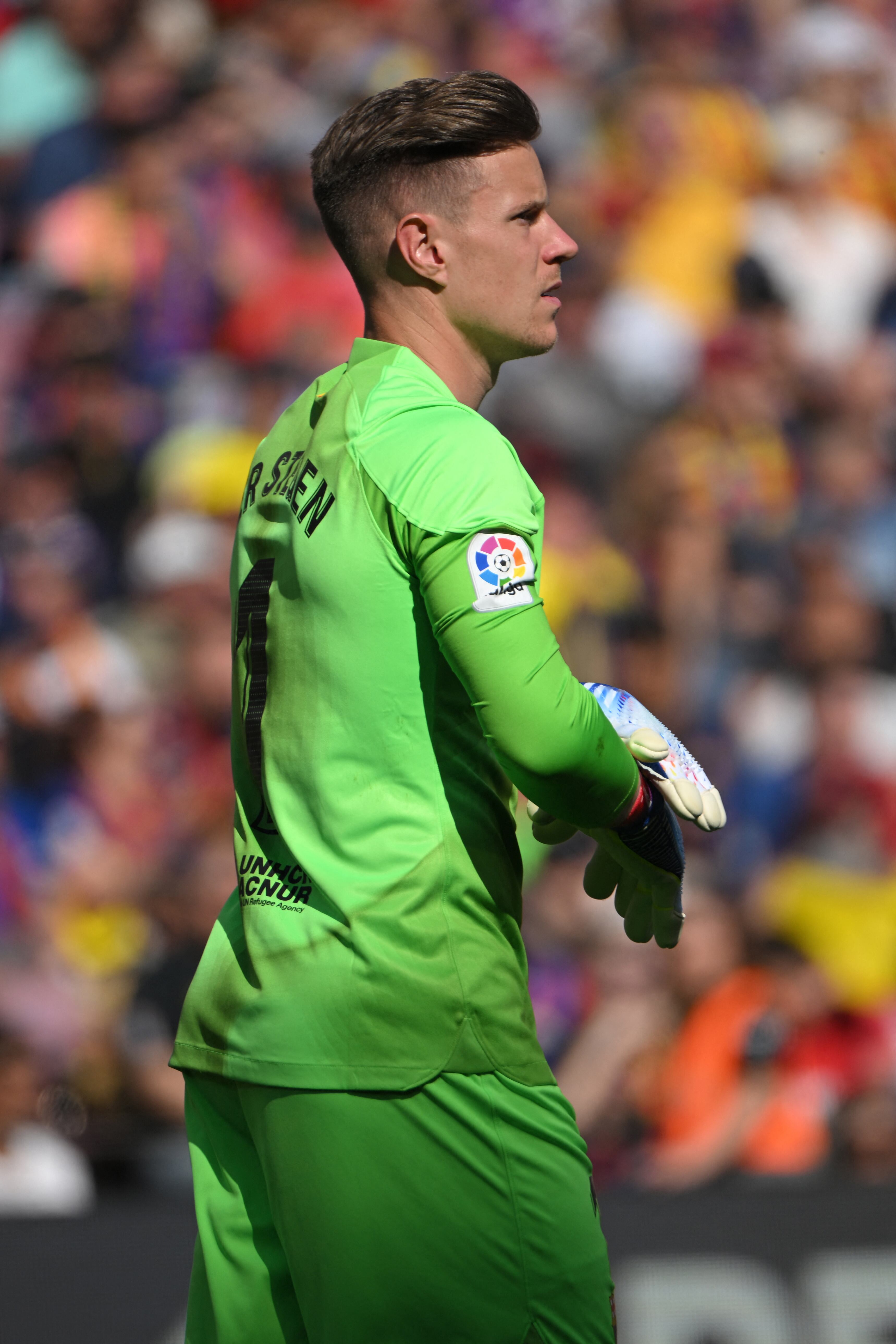 Barcelona's German goalkeeper Marc-Andre ter Stegen looks on during the Spanish league football match between FC Barcelona and Club Atletico de Madrid at the Camp Nou stadium in Barcelona on April 23, 2023. (Photo by LLUIS GENE / AFP)